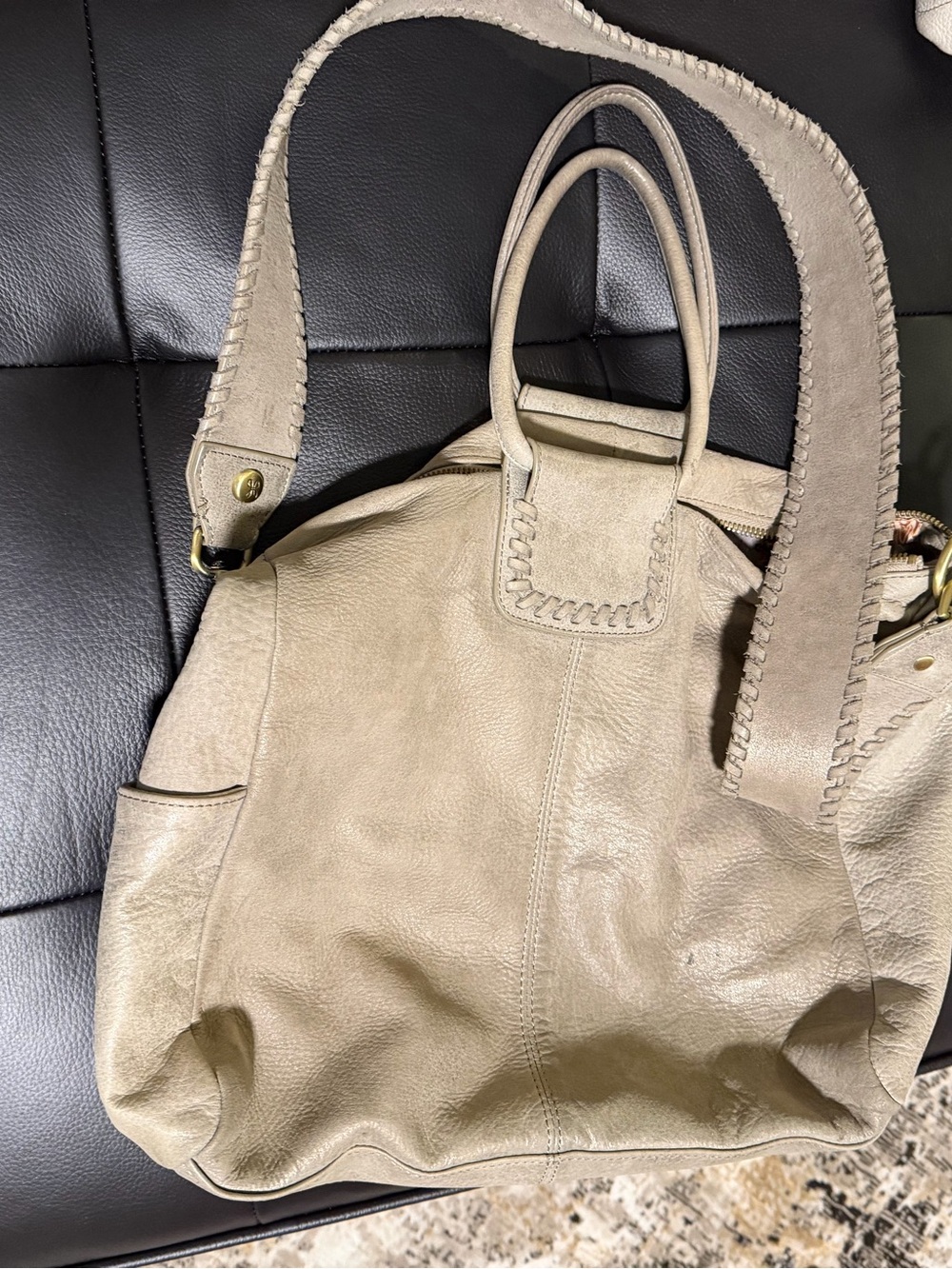 HOBO Olive Taupe Leather Shoulder Bag with Whipstitch Strap